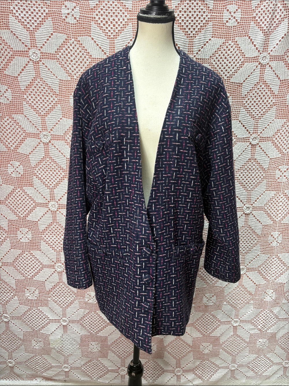 Vintage Le Château Textured Longline Blazer – Navy Pink & Cream